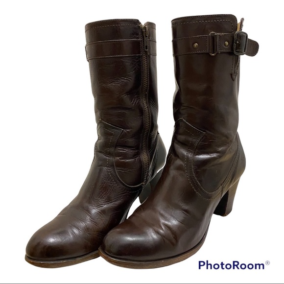 Frye Shoes - Frye Mid Calf Boots Booties #77407 Brown Leather Size 9B 3” Stacked Heel
